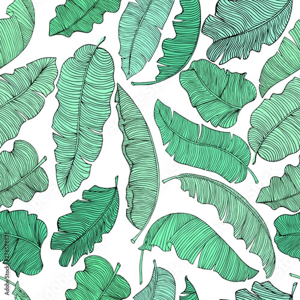Fototapeta Seamless pattern of exotic banana leaves, randomly scattered and isolated on a transparent background. Decorative image with tropical foliage. Vector illustration.