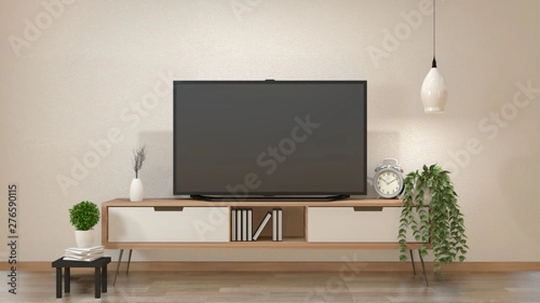 Fototapeta TV on cabinet in zen living room with lamp,table,cabinet and plant .3d rendering