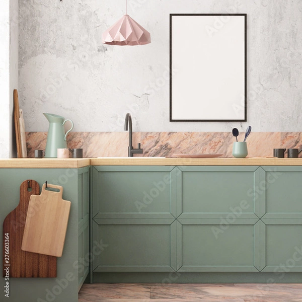 Fototapeta mockup kitchen interior in loft style. 3d render  3d visualization 