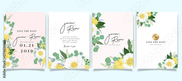 Fototapeta Summer Flower Wedding Invitation set, floral invite thank you, rsvp modern card Design in Pink peony and white  floral with leaf greenery  branches decorative Vector elegant rustic template