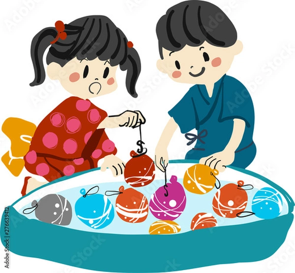 Obraz お祭りでヨーヨー釣りをする子供のイラスト