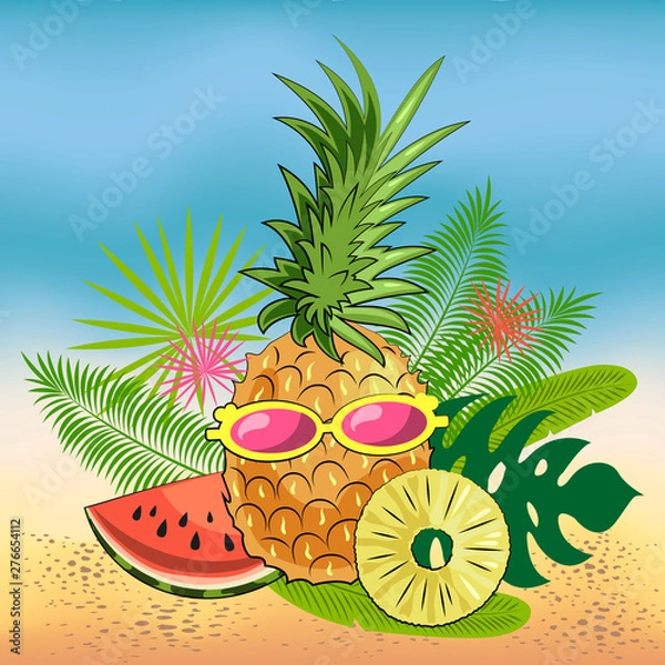 Fototapeta Summer set: juicy fruit pineapple, pineapple pieces, summer inscription, hearts. Isolated objects on white background. Image in yellow and green colors for your decor and design. Poster. Postcard.