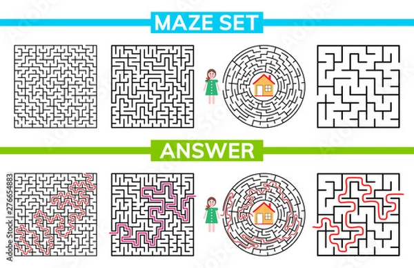 Fototapeta Maze, labyrinth conundrum for kids. Maze set, collection labyrinth. Children puzzle game. Vector stock illustration