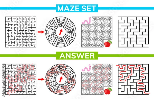 Fototapeta Maze, labyrinth conundrum for kids. Maze set, collection labyrinth. Children puzzle game. Vector stock illustration
