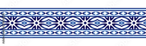 Fototapeta Ceramic tile border pattern. Islamic, indian, arabic motifs. Damask border seamless pattern. Porcelain ethnic bohemian background.