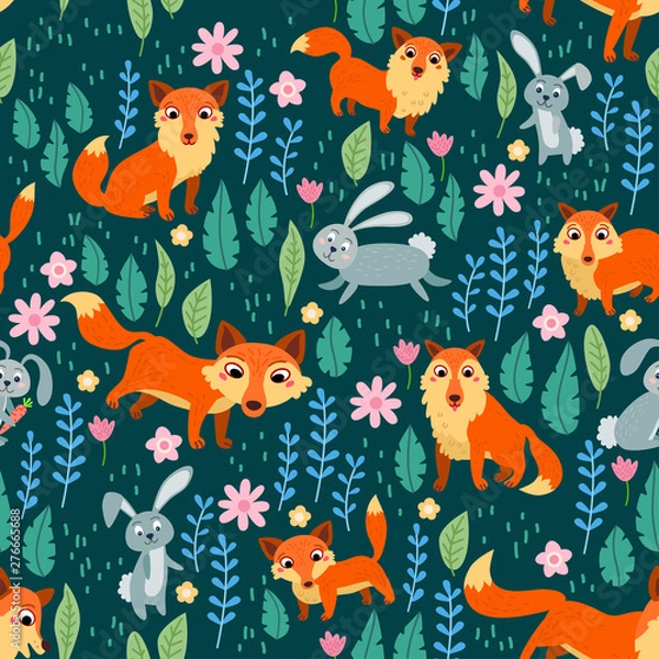 Fototapeta Fox childish Seamless Pattern. Vector illustration background