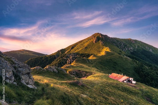 Fototapeta Idyllic landscape in the Old mountain, Central Balkan national park in Bulgaria. Eho hut surrounded with fresh green mountain pastures with blooming flowers in beautiful morning light at sunrise