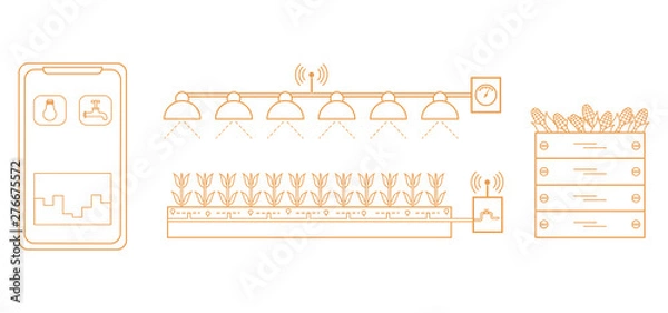 Fototapeta Smart farm and agriculture. Monitoring and control of temperature, humidity, light level. Cultivation of plants. New technologies. High yield.