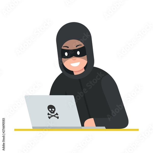 Fototapeta Hacker thief with laptop. Cyber attack. Vector illustration.