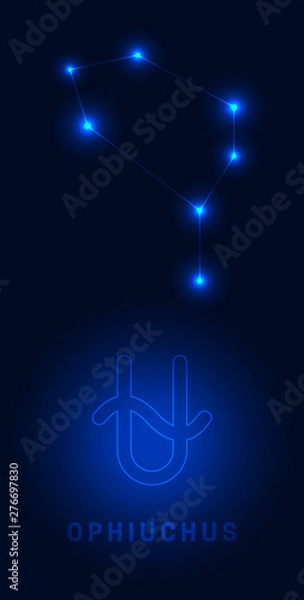 Fototapeta Constellation Ophiuchus. Bright glowing stars with the name and sign on a blue background night lighting. Star Map Vector.
