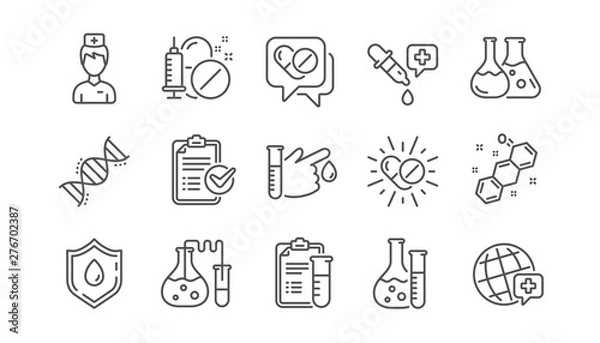 Fototapeta Medical healthcare, doctor line icons. Drug testing, scientific discovery and disease prevention icons. Chemical formula, chemistry testing lab. Linear set. Vector