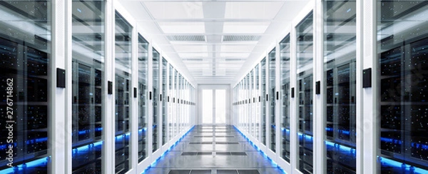 Fototapeta Centrum szaf serwerowych. Usługa tworzenia kopii zapasowych w chmurze. Renderowanie 3D