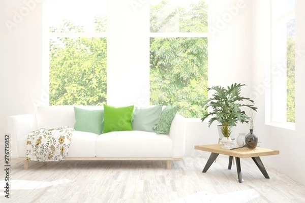 Fototapeta Stylish room in white color with sofa and summer landscape in window. Scandinavian interior design. 3D illustration