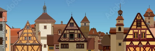 Fototapeta background of a drawn European city with half timbered houses