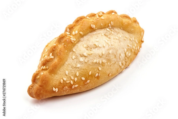 Fototapeta Freshly baked buns with sesame seeds, close-up, isolated on white background