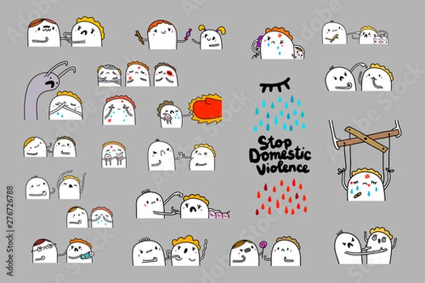 Fototapeta Big violence set hand drawn vector illustration in cartoon style. Domestic sexual abuse. People injured