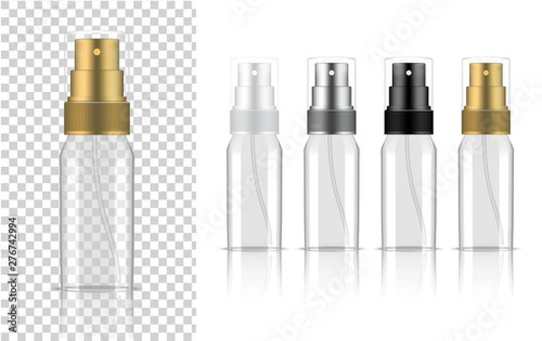 Fototapeta Transparent Spray Bottle. 3D Mock up Realistic Cosmetic or Lotion for Skincare Product Packaging With metallic, White, Black and Gold Cap on Background Illustration