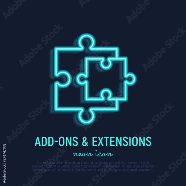 Fototapeta Browser add neon thin line icon: two details of puzzle. Modern vector illustration.