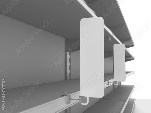 Fototapeta Supermarket Shelves With Attached Banner Or Wobbler. Blank Shelf Flag Display Mock-up. 3D rendering