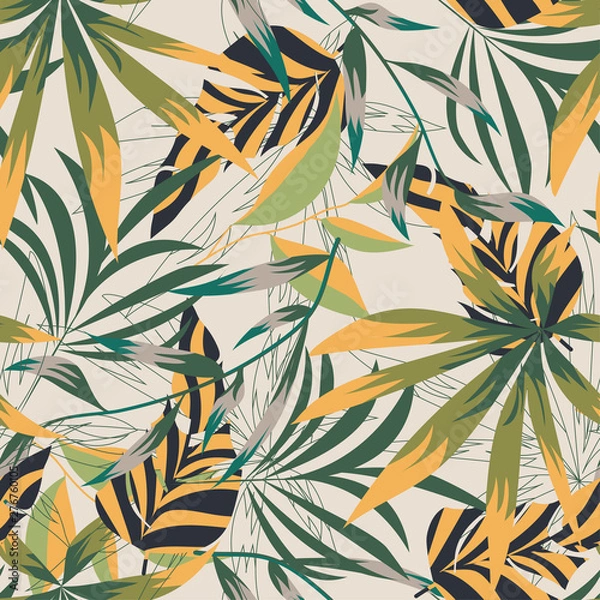 Fototapeta Abstract seamless pattern with colorful tropical leaves and plants on beige background. Vector design. Jungle print. Floral background. Printing and textiles. Exotic tropics. Bright design.