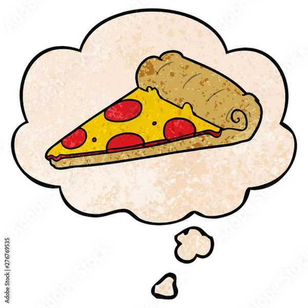 Fototapeta cartoon pizza slice and thought bubble in grunge texture pattern style