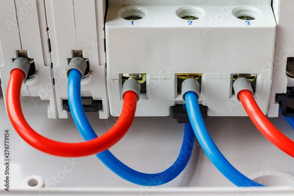 Obraz Ports of installed automatic circuit breakers connected by red and blue wires closeup