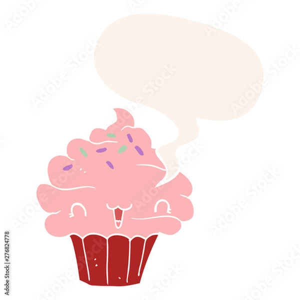 Fototapeta cute cartoon frosted cupcake and speech bubble in retro style