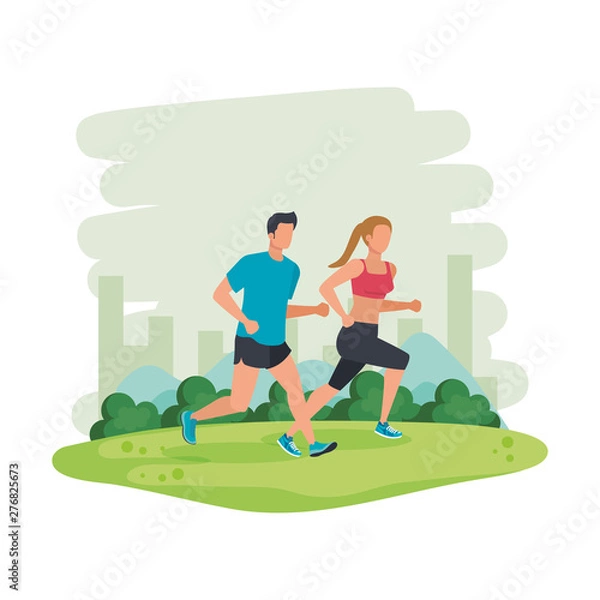 Obraz young athletic couple running in the park