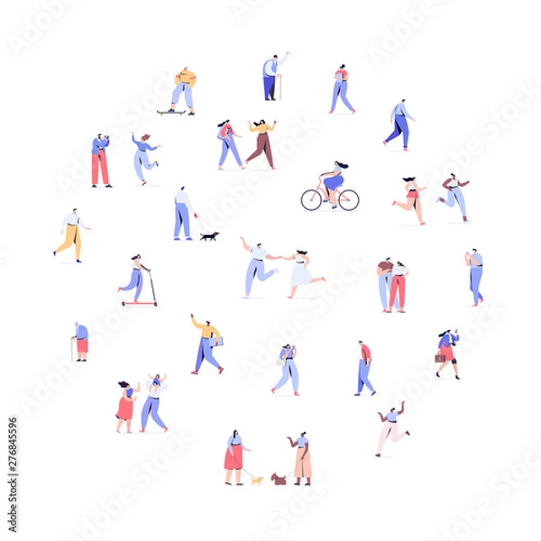 Fototapeta Crowd of people arranged in circle shape. Men and women kit. Different walking and running people. Outdoor. Male and female. Flat vector characters isolated on white background.	