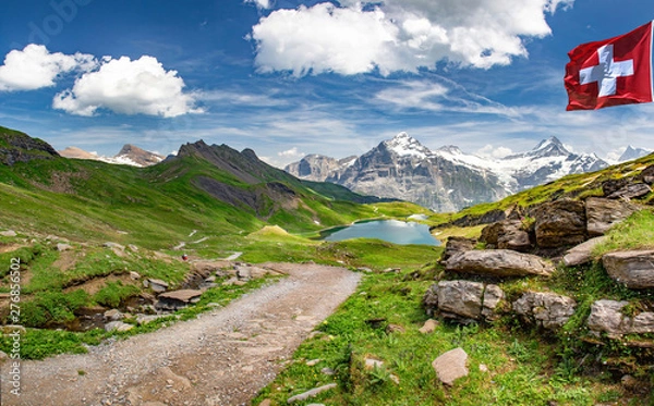 Obraz Swiss beauty, path to Bachalpsee lake, view to Schreckhorn and Wetterhorn mounts, Bernese Oberland,Switzerland,Europe