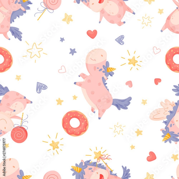 Fototapeta Seamless pattern with unicorn, stars, hearts and donut in cute cartoon styl