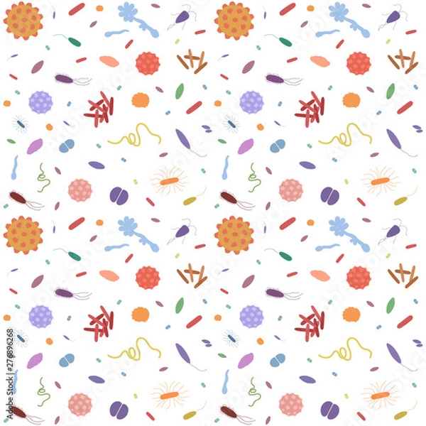 Fototapeta Background with different types of bacteria and viruses on white background. Simple colorfull bacterias pattern for your design. 