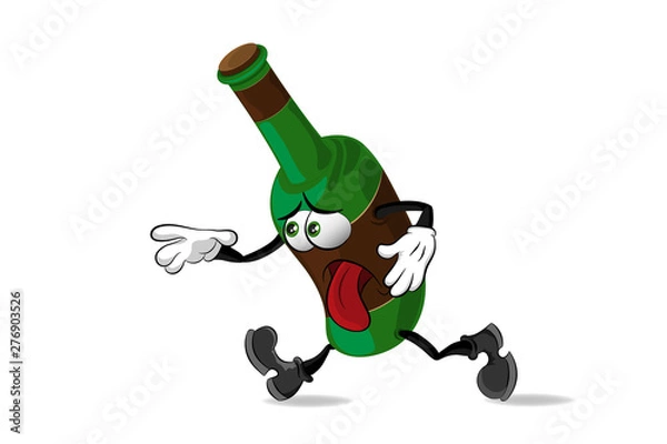 Fototapeta A cartoon character, a bottle of alcohol, holding himself side and sticking out his tongue, breathing heavily,moving forward, trying to catch up with someone.