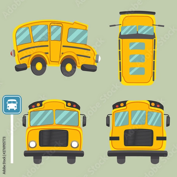 Fototapeta The collection of a yellow schoolbus. have front view and side view backview and top view of schoolbus. back to school poster.doodle car.  cute cartoon of schoolbus or yellow car flat vector style