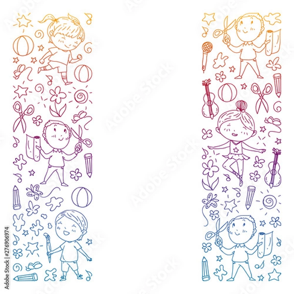 Fototapeta creative kids dancing, sing, playing football, playing guitar, violin, making models from paper. Gradient drawing.