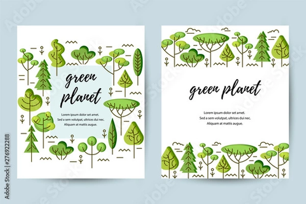 Fototapeta Vector illustration with trees. Place for text. Ecological concept. Template for flyer, poster, invitation, web, announcement. Flat and line style design.
