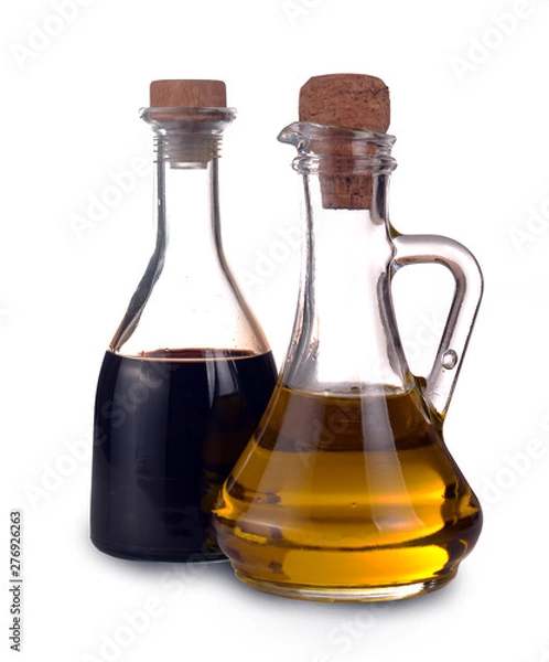 Obraz  Balsamic Vinegar of Modena and Extra Virgin Olive Oil glass bottles on white background.
