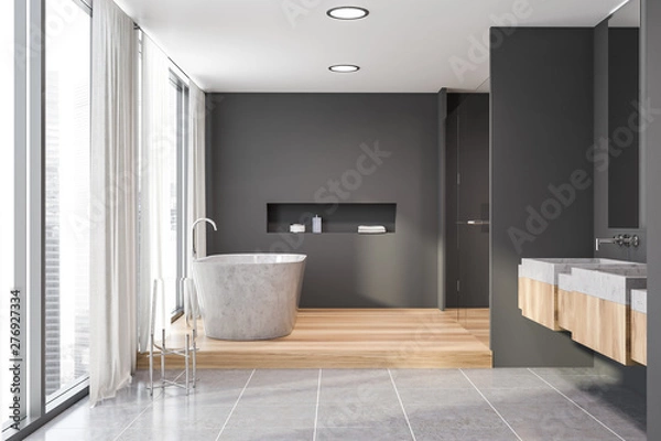 Obraz Tile floor grey bathroom, tub and double sink