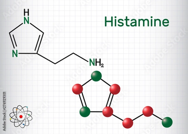 Fototapeta Histamine molecule. It is amine, nitrogenous compound, stimulant of gastric secretion, vasodilator, and centrally acting neurotransmitter. Sheet of paper in a cage.