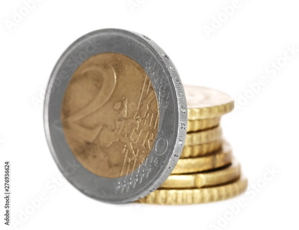 Fototapeta Euro coins, money isolated on white background, macro and side view