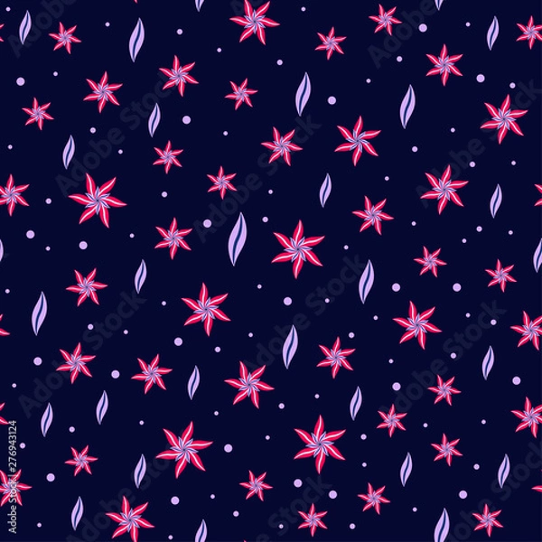 Obraz Vector seamless pattern of red stars and violet elements on the dark blue background