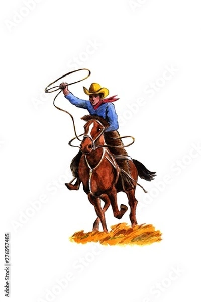 Fototapeta shepherd and hunter on a horse riding on the steppe with a lasso in his hands, watercolor - illustration