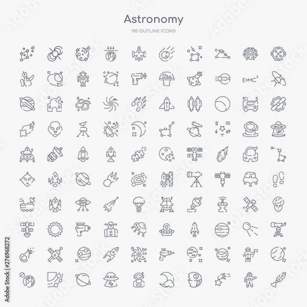 Fototapeta 100 astronomy outline icons set such as rocket start, shooting star, death star, big moon, astronaut user, ufo and cow, saturn, galaxy view