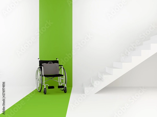 Obraz Wheelchair in front of the stairs. The concept of an accessible environment. Vacancy for a disabled person. Free space for your text. 3D rendering.