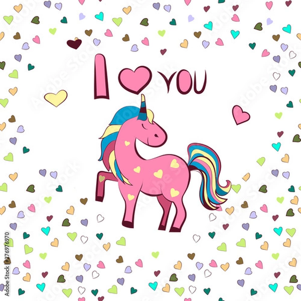 Fototapeta graphics. White heart-shaped frame with the inscription I love you and unicorn . Illustration for Valentine s Day.
