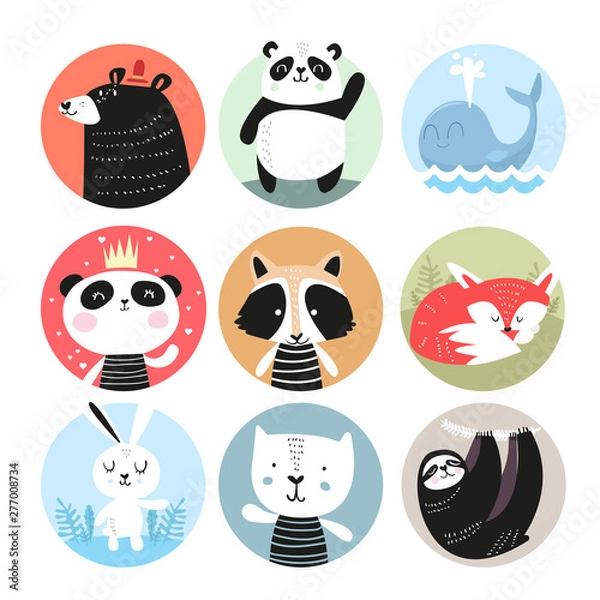 Fototapeta Set of cute hand drawn smiling animals characters. Cartoon. Vector illustration. bunny, bear, panda, raccoon, fox, cat, sloth and whale - Vector