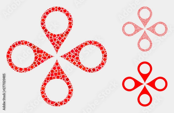 Fototapeta Mosaic Map markers icon united from spheric and square elements in variable sizes, positions and proportions. Vector spheric and square dots are united into abstract collage map markers icons.