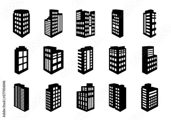 Fototapeta Perspective icons company set on white background, Black building office vector collection