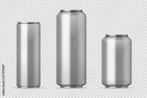 Obraz Beer can mockup. Realistic aluminum metal can for soda, different types of blank can with copy space. Vector isolated steel boxes storage set