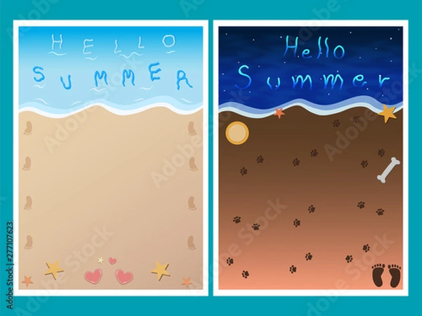 Fototapeta Top night and day view. lover footprint and pet on beach and stone hearted, bone,flying disc.